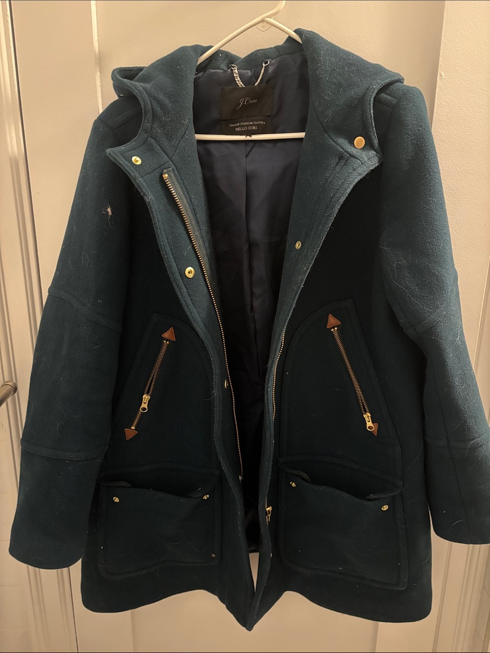 J. Crew Hooded Wool Pea Coat in Teal Green with Gold Hardware
